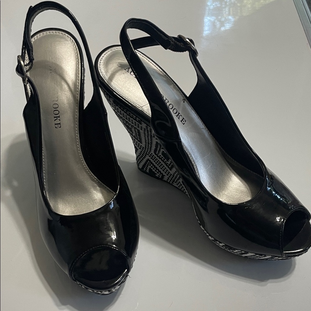 Audrey Black Peep Toe Wedges with Patterned Heel